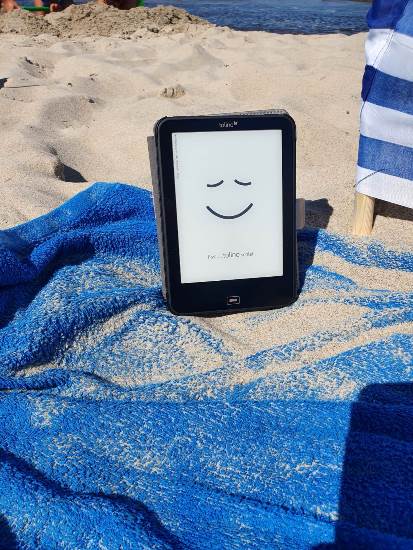 Der Tolino unterwegs... Mit dem E-Book-Reader können Bücher aus der Onleihe überall gelesen werden. Auch bei Sonnenschein am Strand.